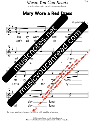 "Mary Wore a Red Dress" Lyrics, Text Format