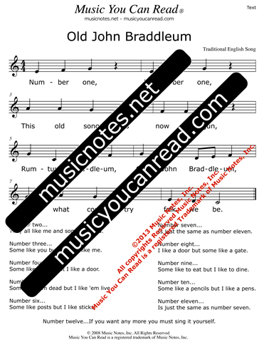 "Old John Braddleum" Lyrics, Text Format