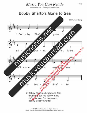 "Bobby Shafto's Gone to Sea" Lyrics, Text Format