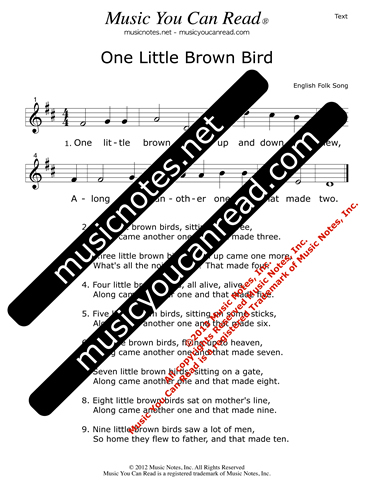 "One Little Brown Bird" Lyrics, Text Format