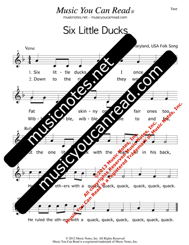 "Six Little Ducks" Lyrics, Text Format