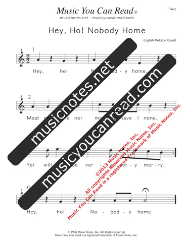 "Hey, Ho! Nobody Home," Lyrics, Text Format