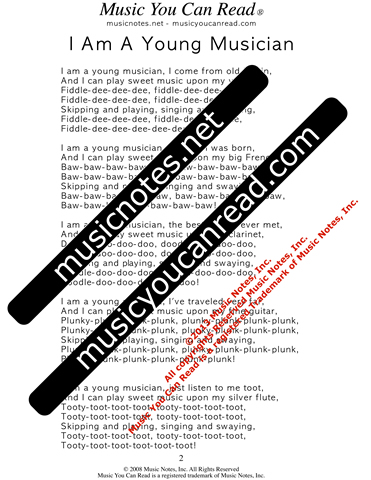 "I Am A Young Musician," Lyrics, Text Format