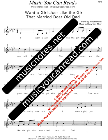 "I Want a Girl Just Like the Girl That Married Dear Old Dad," Lyrics, Text Format