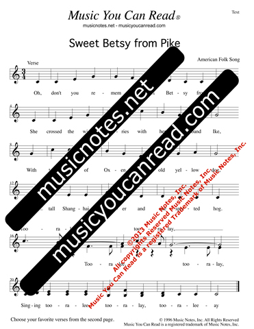 "Sweet Betsy from Pike," Lyrics, Text Format