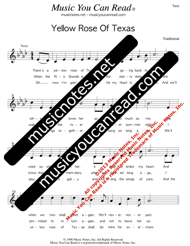 "Yellow Rose of Texas," Lyrics, Text Format