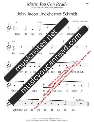 "John Jacob Jingleheimer Schmidt" Lyrics, Text Format